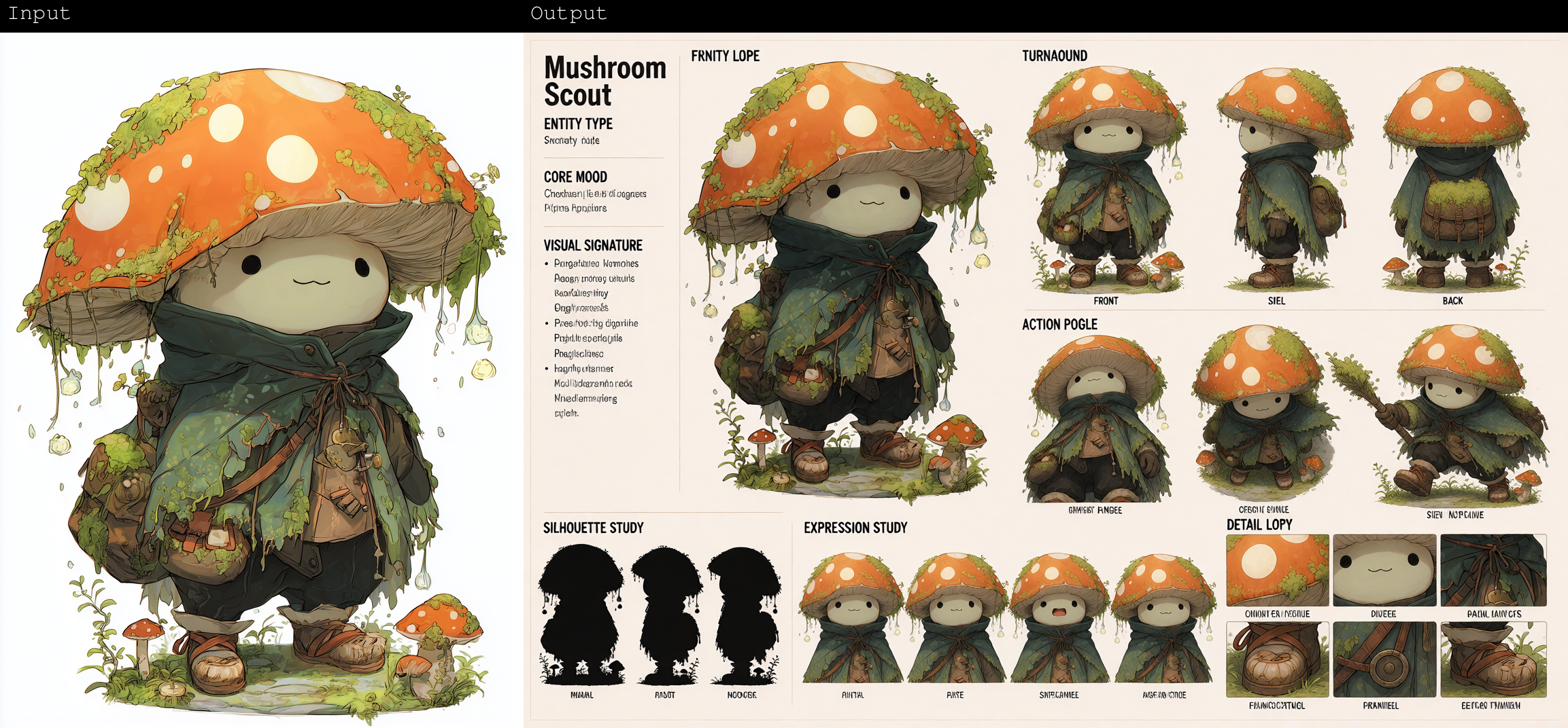DynamicCharacterSheet sample — Mushroom Scout, a stylized character sheet