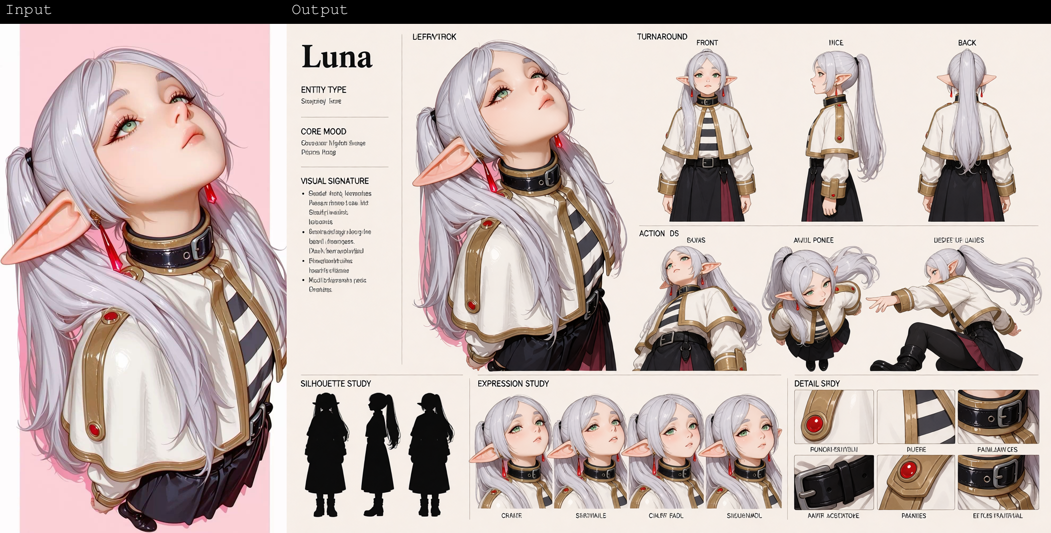 DynamicCharacterSheet sample — Luna, a stylized character sheet