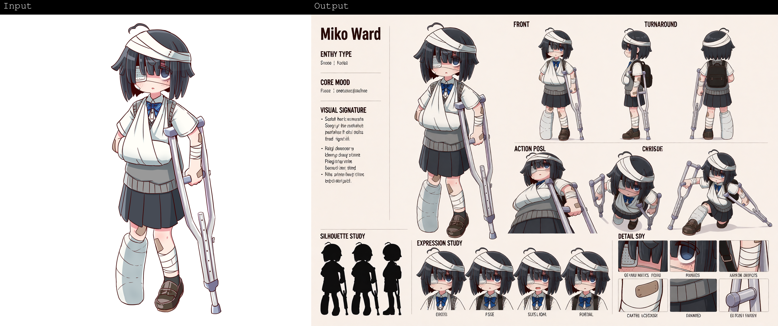 DynamicCharacterSheet sample — Miko Ward, a stylized character sheet