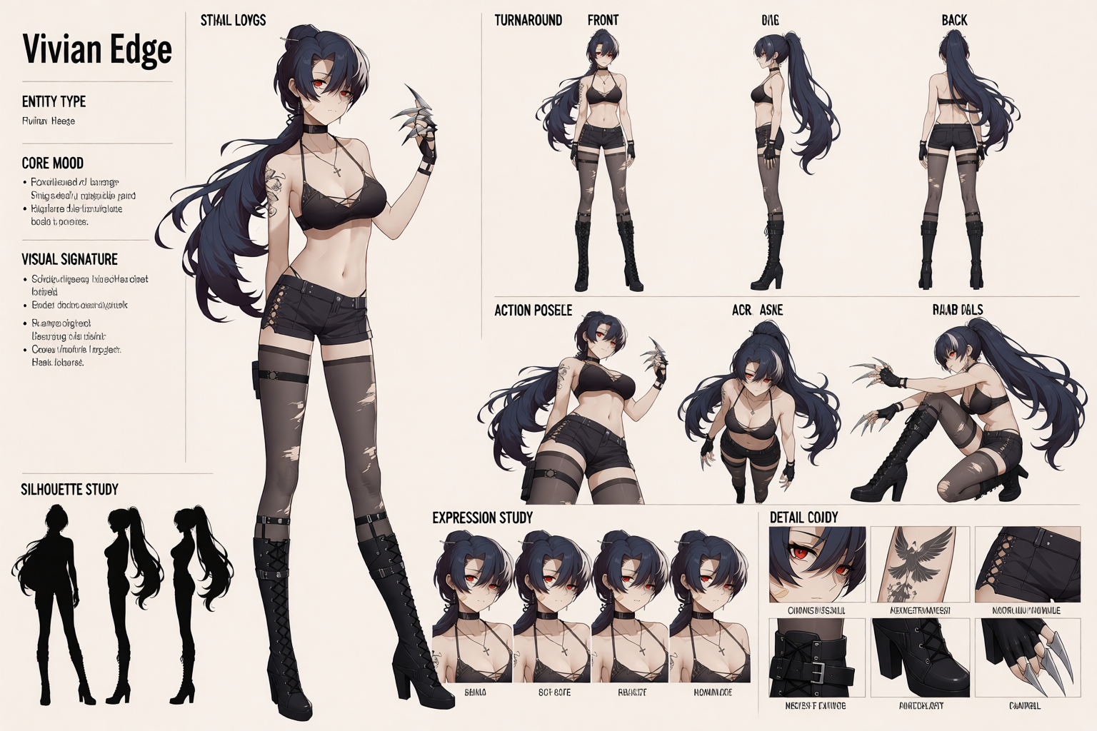 DynamicCharacterSheet sample — Vivian Edge, a stylized character sheet