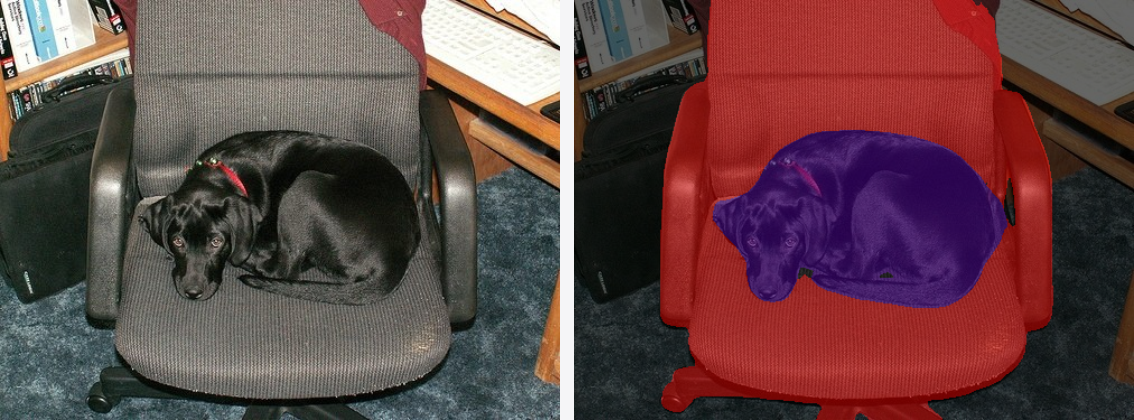PixCon on Pascal VOC — input (left) and predicted segmentation overlay (right)